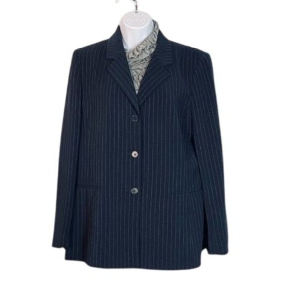 Kasper Deep Navy Pinstripe Blazer Size 14 Tailored Fully Lined Classic Soft Wome - Picture 1 of 8